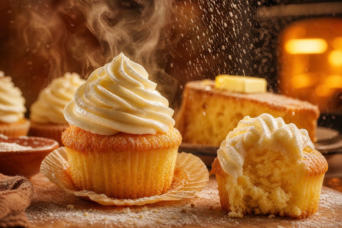 A freshly baked vanilla cake and cupcakes dusted with icing sugar