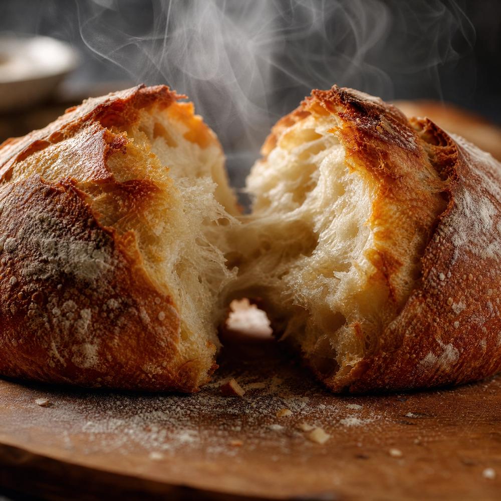 Freshly baked bread with steam rising