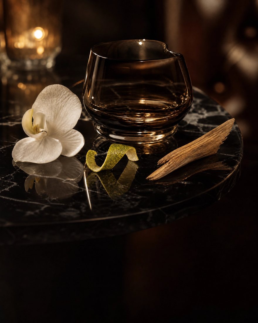 A crystal glass, white orchid and sandalwood on dark marble in warm candlelight