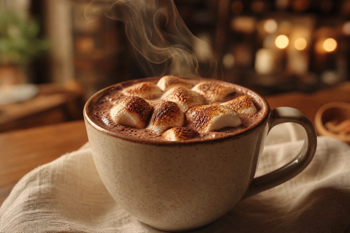 A steaming mug of hot chocolate topped with toasted marshmallows