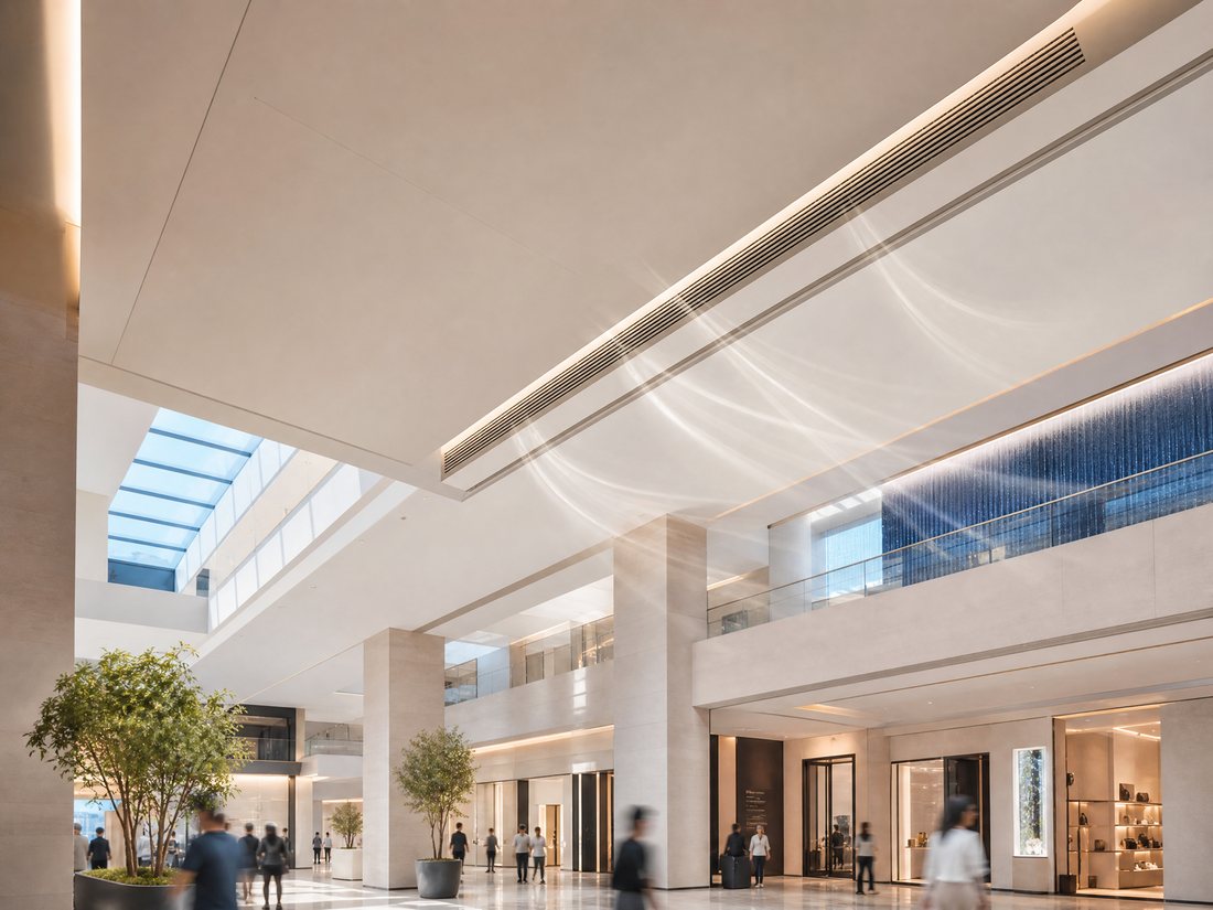 Scent diffusing from a ceiling vent across a bright, busy commercial mall atrium