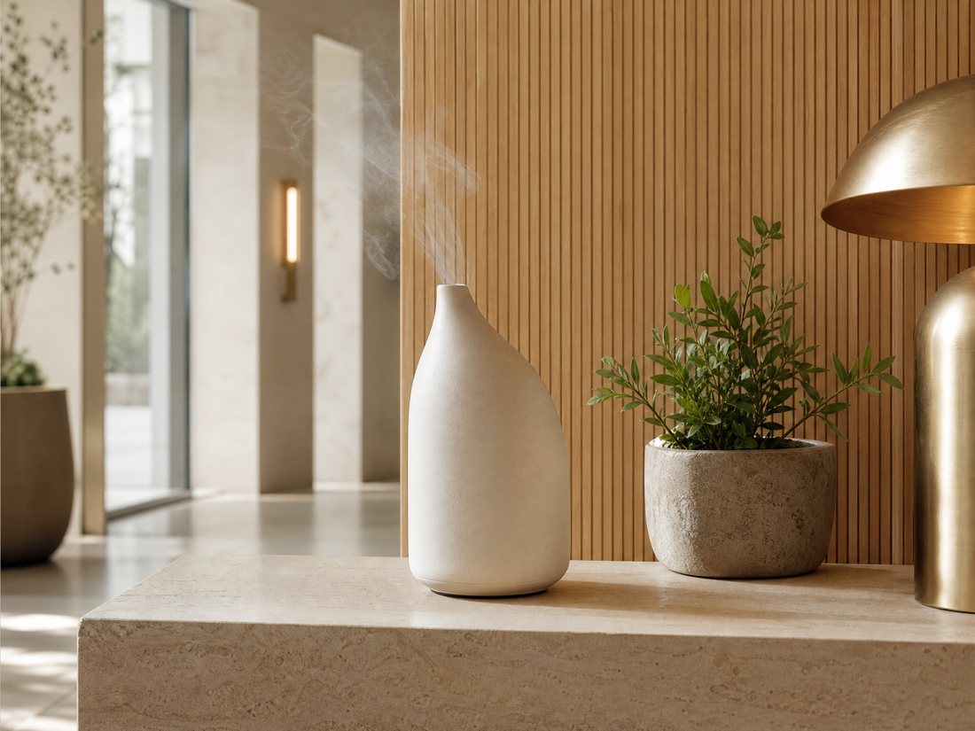 A minimalist white ceramic diffuser releasing a fine mist on a travertine counter