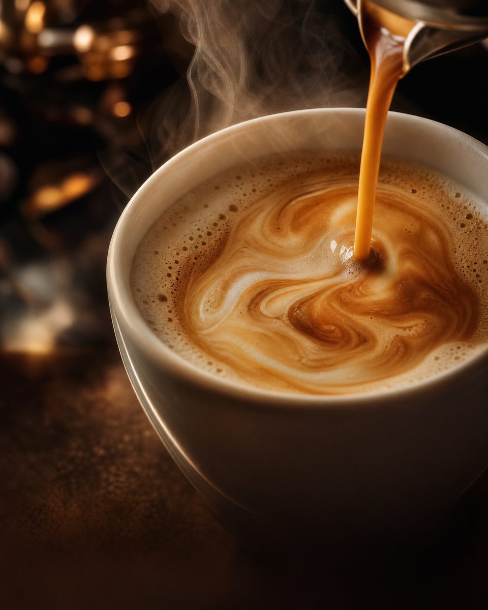 Espresso pouring into a steaming cup of frothed milk