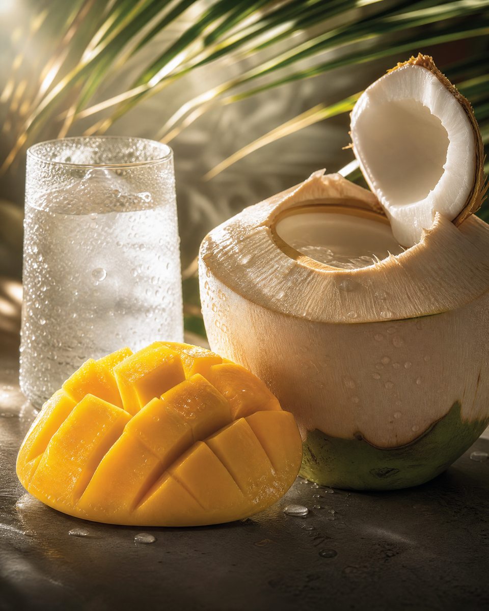 A fresh coconut, sliced mango and an iced drink in tropical light