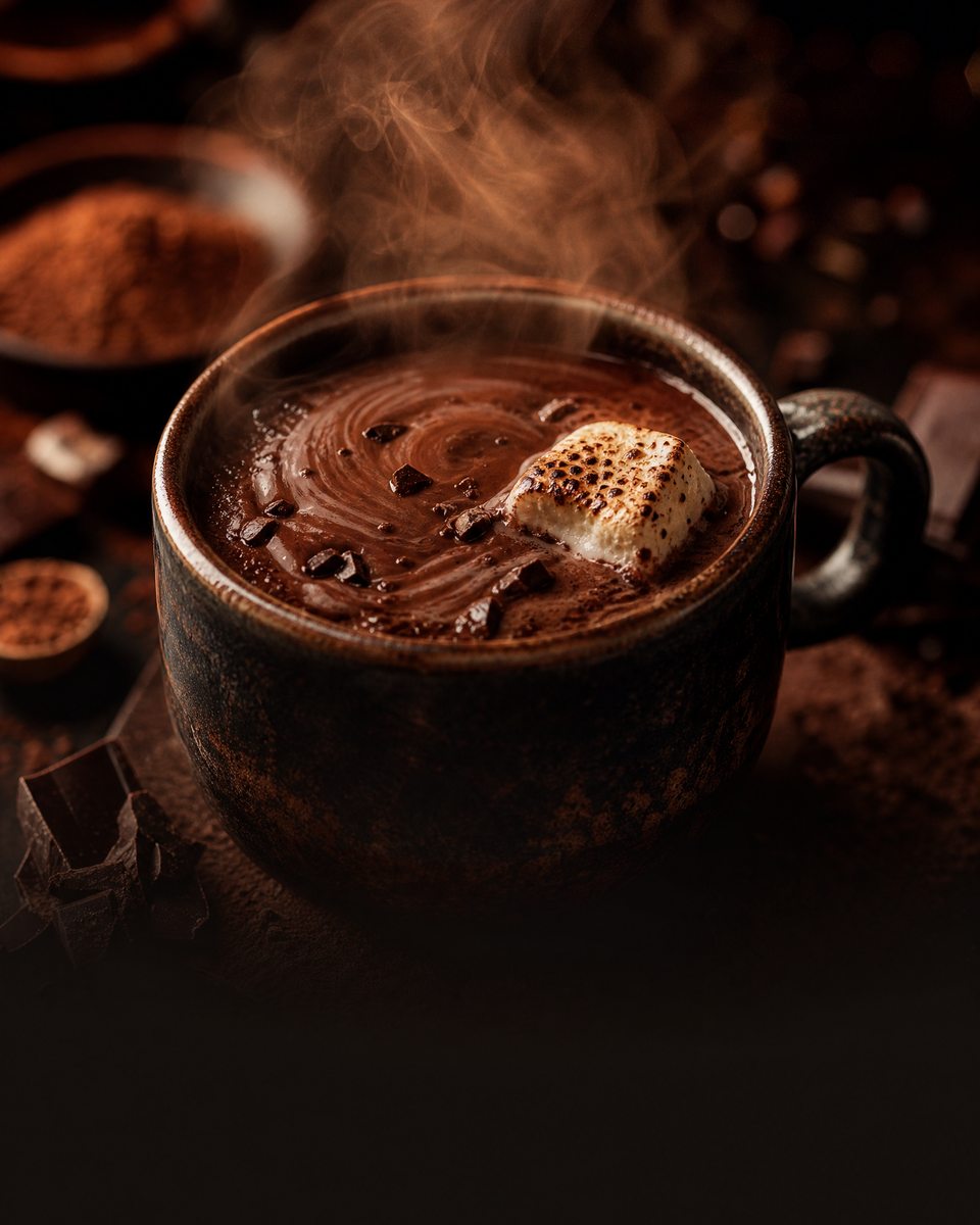 A steaming mug of hot chocolate with a toasted marshmallow