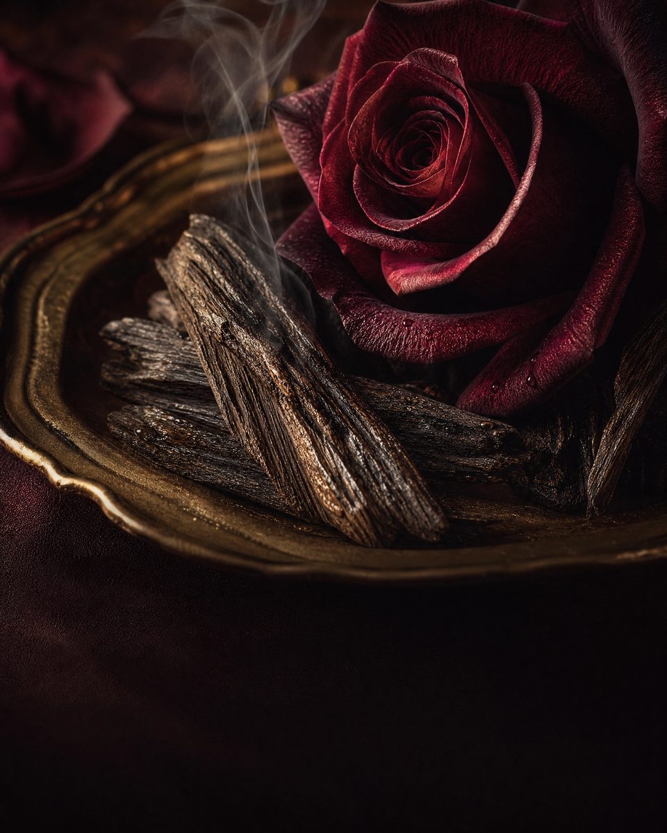 A deep red rose and smouldering oud wood on a brass tray