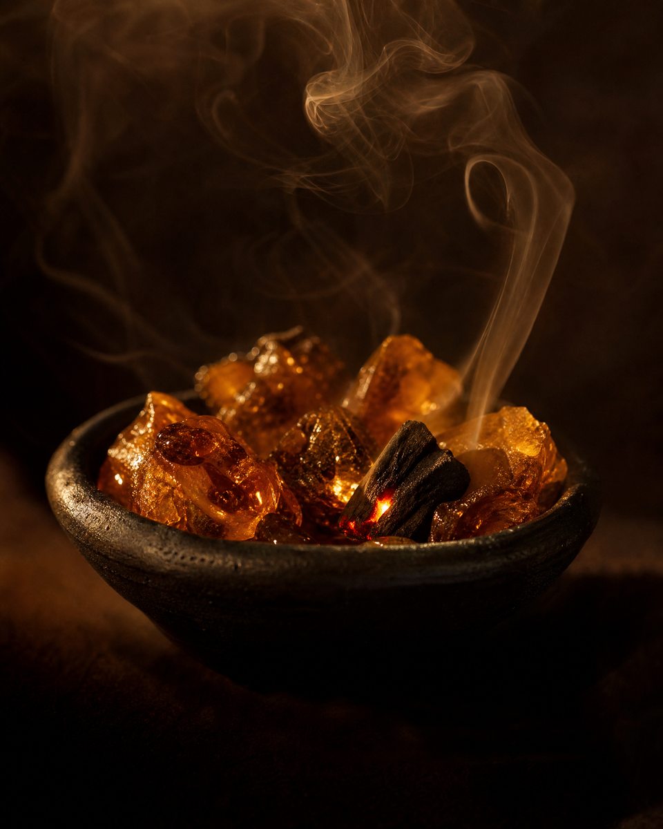 Amber resin smouldering in a dark bowl with rising smoke