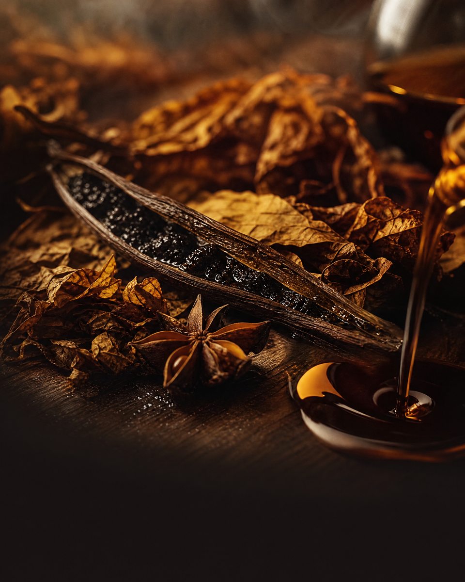 A split vanilla pod, star anise and dried tobacco leaves in warm light