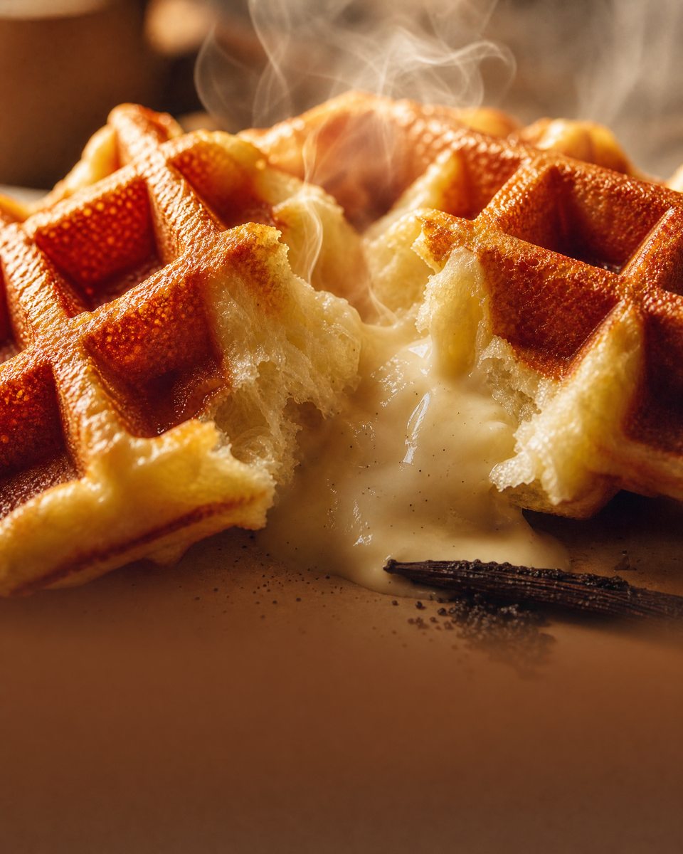 A steaming golden waffle oozing vanilla custard