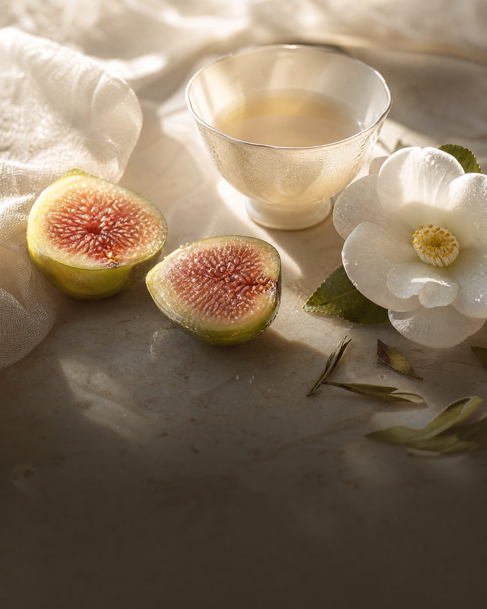 Halved figs, a white camellia and a silver bowl of pale tea in soft light