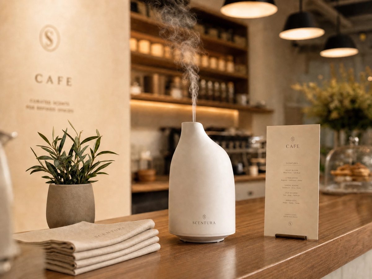 A Scentura-branded ceramic diffuser releasing mist on a warm café counter