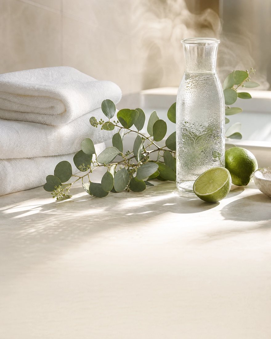 Folded white towels, eucalyptus and fresh lime in bright, clean light