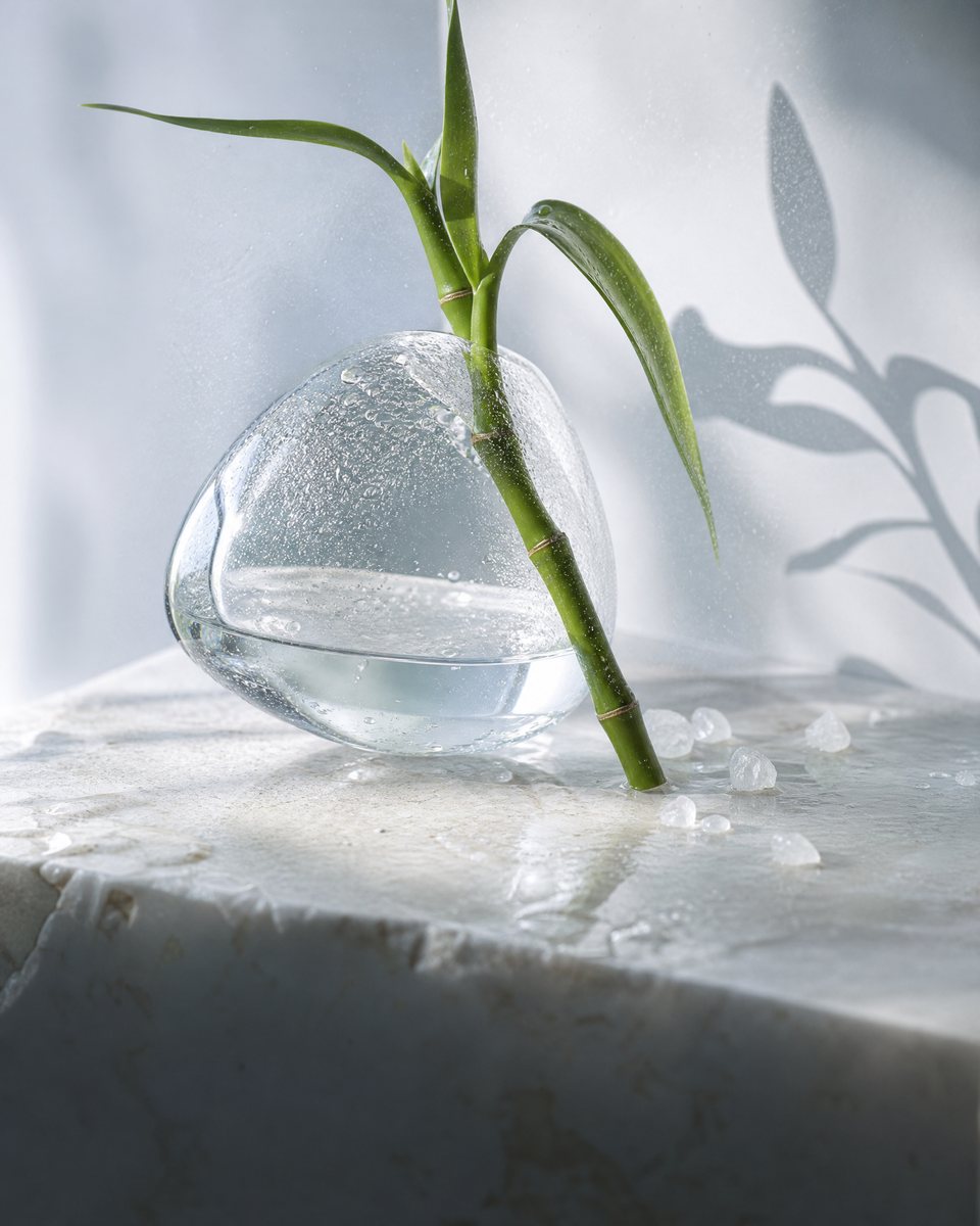 A glass vessel with bamboo and sea salt on pale marble