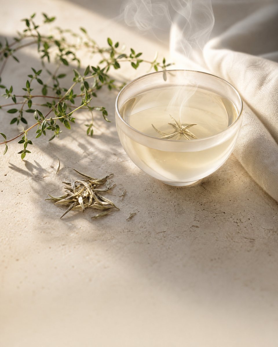 A cup of pale white tea with fresh thyme in warm daylight