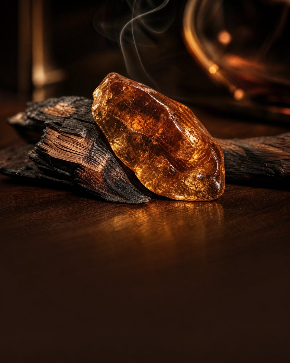A glowing amber resin resting on charred wood in low light