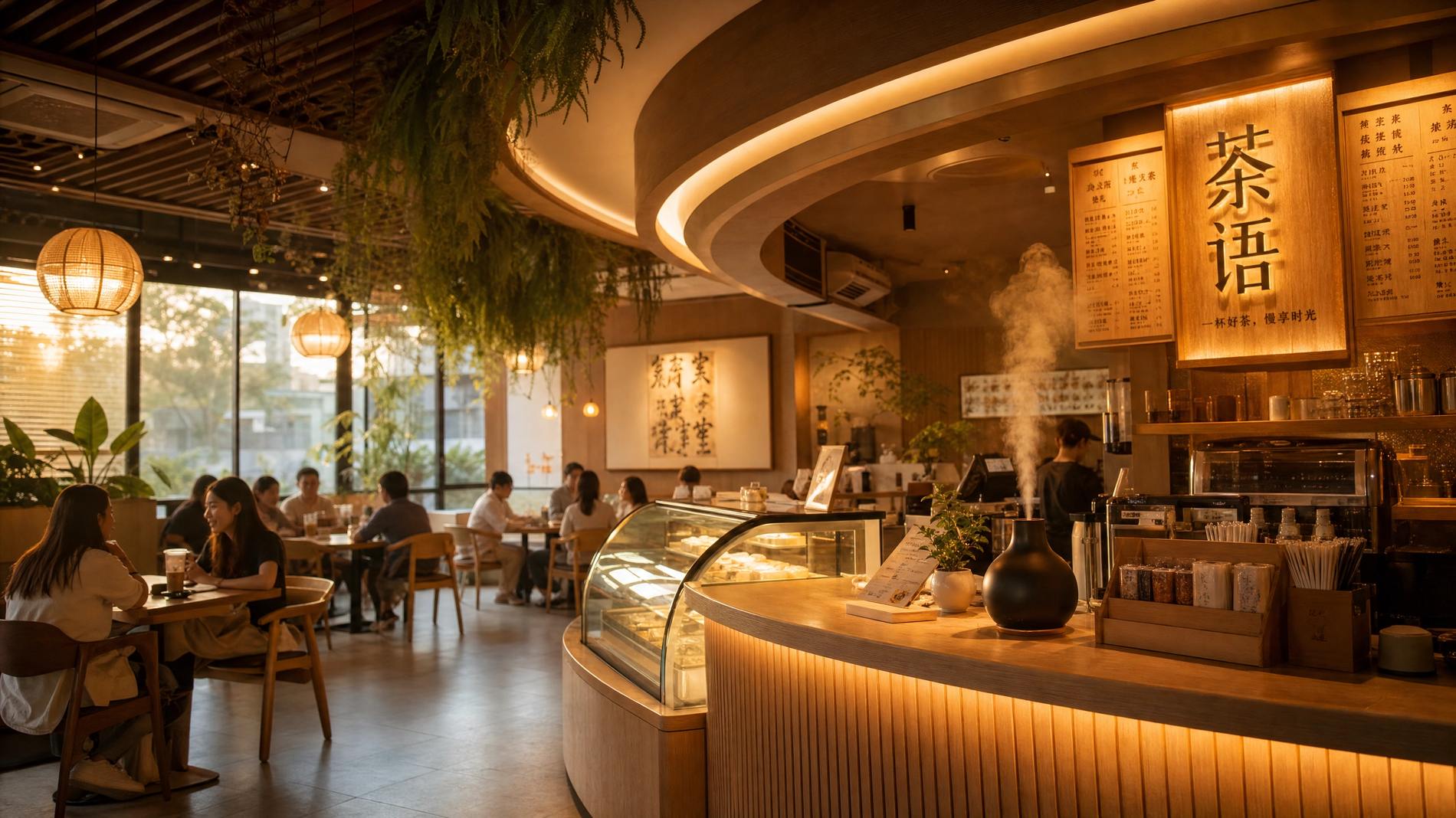 A warm Singapore café interior at golden hour with a Scentura diffuser on the counter